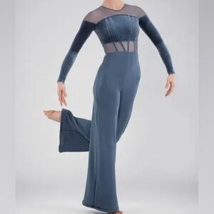 WEISSMAN Elite Dance Costume unitard blue velvet Tiberius 17819 LC-large child